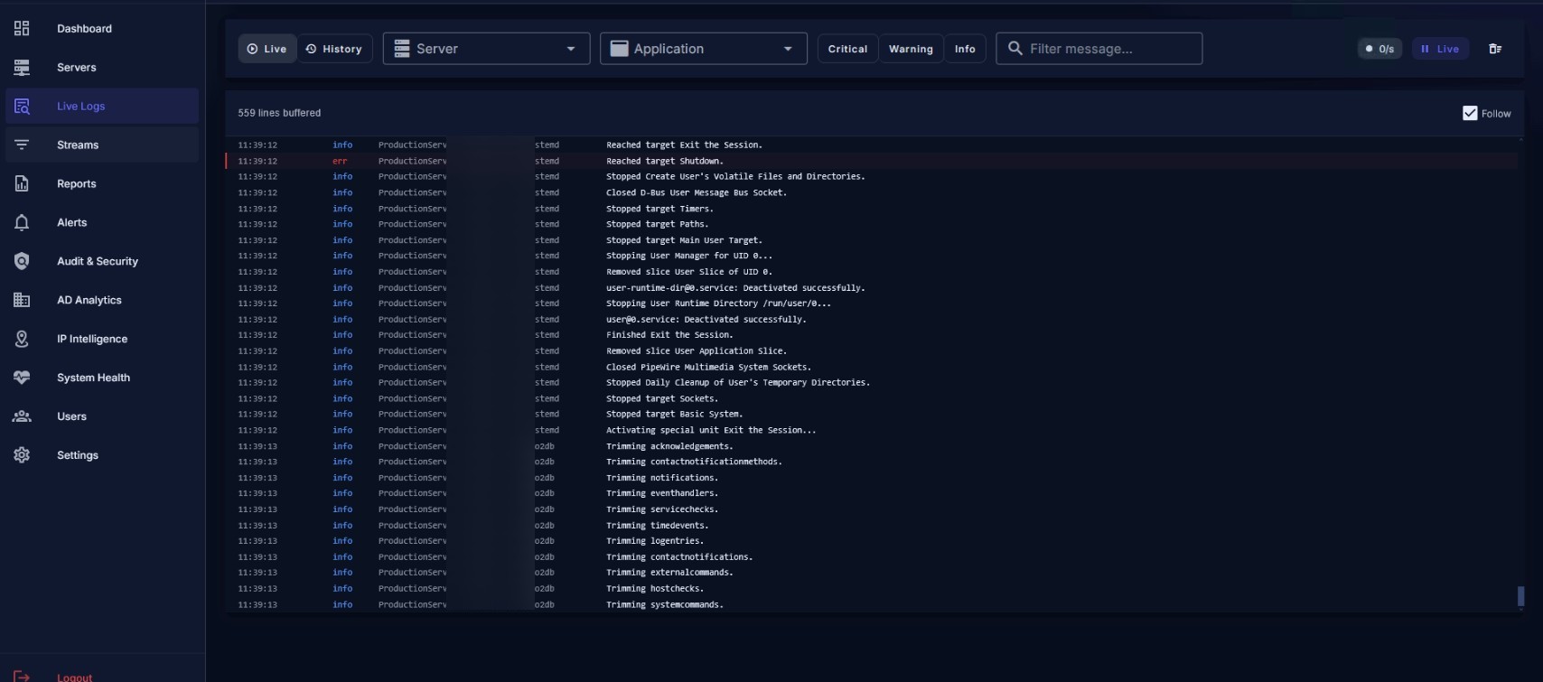 Live Logs view with filtering by server, application, and severity