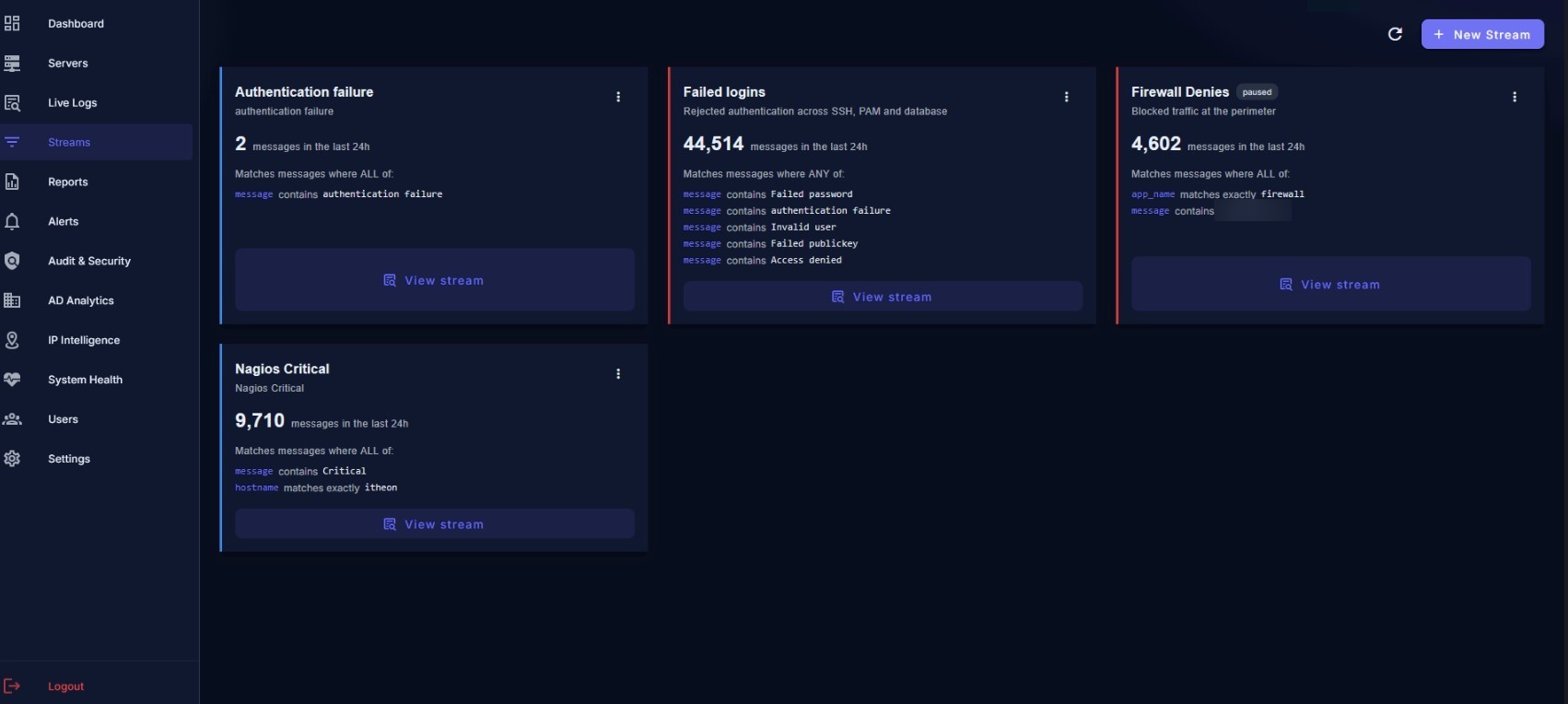 Saved streams with rule-based match conditions