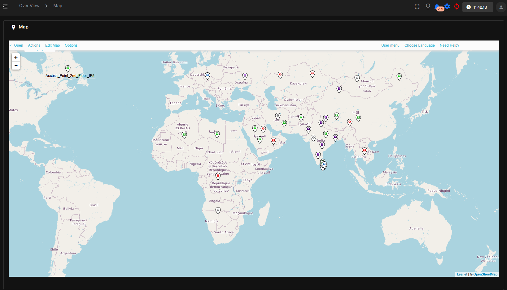 World map showing monitored sites across multiple regions
